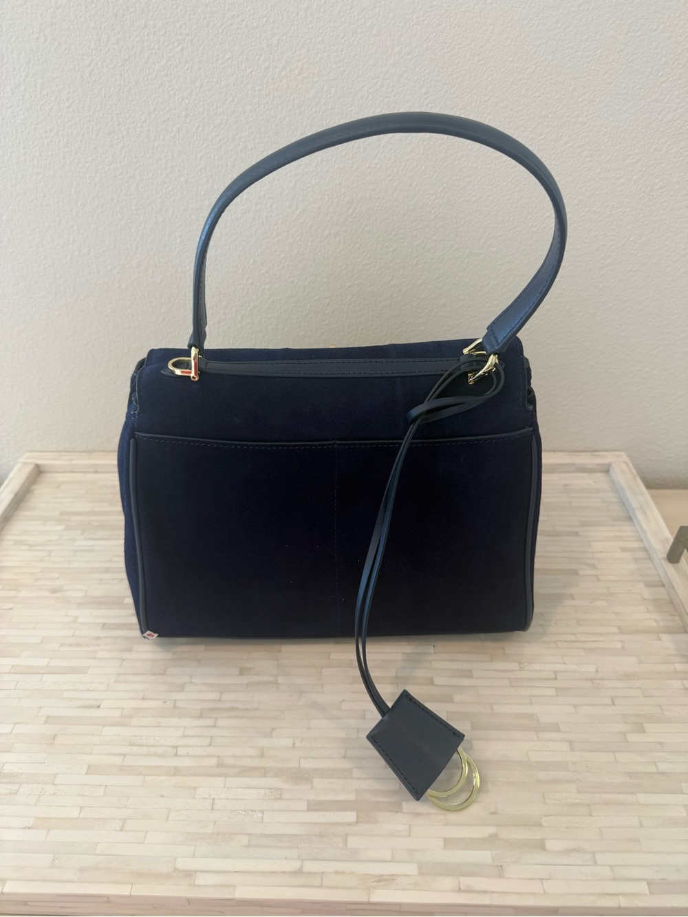 Navy Suede Top-Handle Satchel with Gold Hardware - Picture 2 of 6